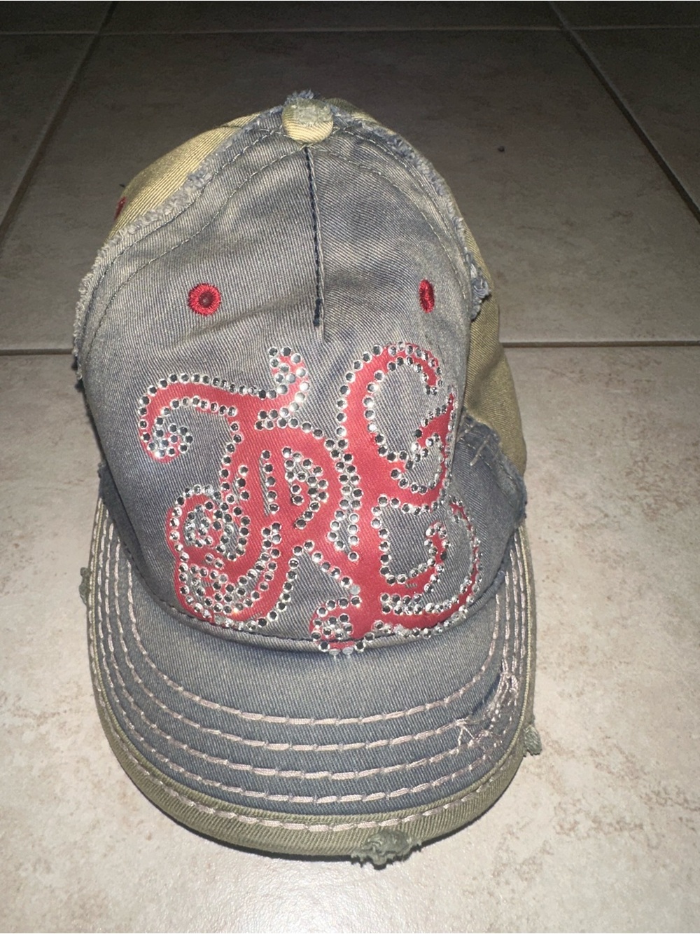 Y2K Rhinestone Fleur-de-Lis Distressed Trucker Hat Olive Gray Red